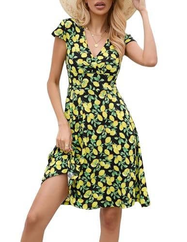 Image of Zeagoo Women's Summer Dresses Casual Floral Holiday Dress V Neck Short Sleeve Knee Length Sundress Lemon M