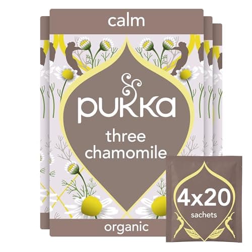 Image of Pukka Herbs | Three Chamomile Organic Herbal Tea Box | Infusion With African, Egyptian & European Chamomile | Perfect For Calming | Caffeine Free | 4 Packs | 80 Plant Based Biodegradable Tea Bags