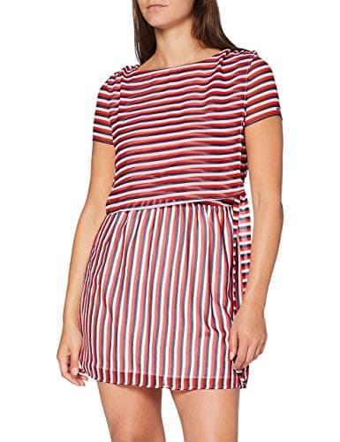 Image of Tommy Jeans Women's TJW TIE Waist Stripe Dress Dress, Red (Deep Crimson/Twilight Navy Multi 0E9), 12 (Manufacturer Size:L)
