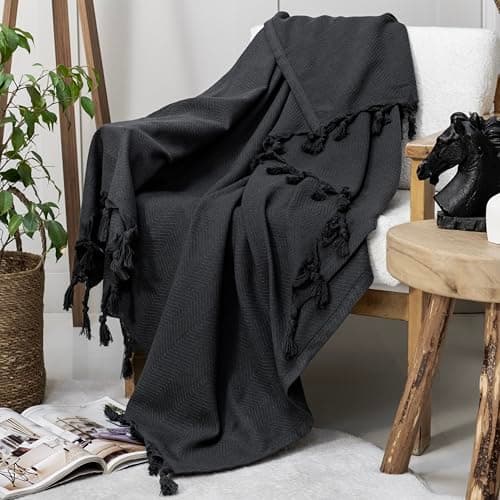 Image of Milam London Throw For Sofa, Herringbone Throws for Armchairs, Sofas, Chairs and Single Bed, Cotton Blanket, Lightweight and Thin 130 x 180 cm Grey