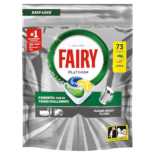 Image of Fairy Platinum Dishwasher Tablets, Lemon, 73 Capsules, Powerful Even on Tough Cleaning Challenges, Clean Dishes, Shiny Machine, Cleans Greasy Filter