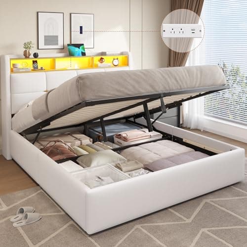 Image of DICTAC King Size Bed Frame with Hydraulic Storage,Charging Station and Led Lights King Upholstered Ottoman Bed with Headboard,5ft Lift Up Platform Storage Beds,Wood Slats,White-150x200cm-No Mattress