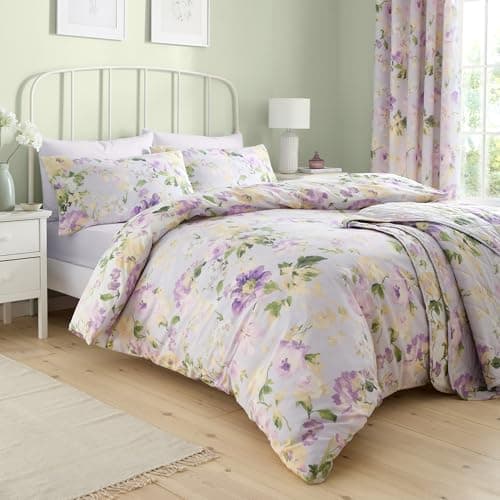 Image of Dreams & Drapes - Heritage Florette Duvet Cover - King Bedding Size (230 x 220cm) - 2 Pillowcases - Premium PolyCotton - Floral Duvet Cover in Lilac Purple - Purple Bedding with Flowers
