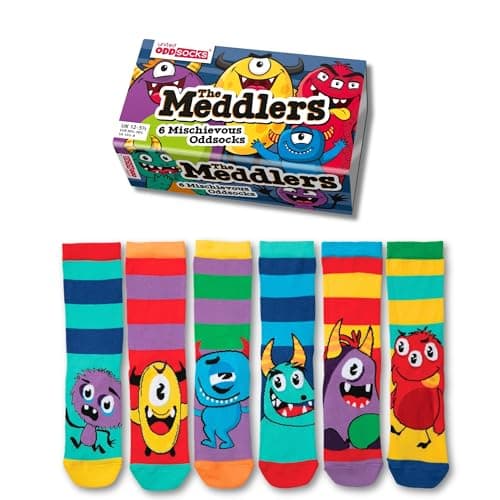 Image of United Oddsocks The Meddlers Gift Box – 6 Mischievous Odd Socks for Kids – UK 12–5.5 EUR 30.5–38.5 US 13.5–8 – Colourful Monster-Themed Novelty Present, Cotton Rich Crew Fit, Fun Back to School Set