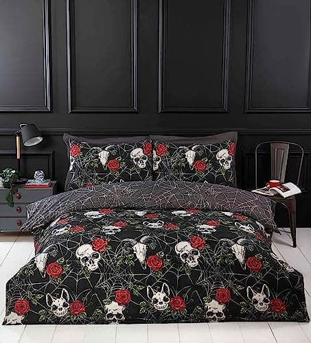 Image of "Rapport Home Skulls & Roses Double Duvet Cover Set | Reversible Gothic Black Floral Skull Print Bedding with Pillowcases | Soft, Easy Care Polyester Quilt Cover for Adults & Teens "