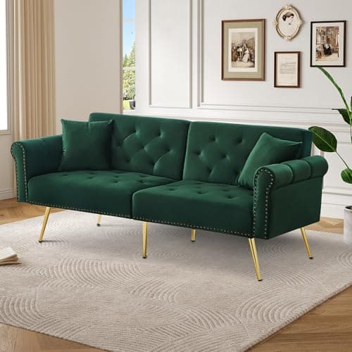Image of BTM Green Modern 2-Seater Sofa Bed – Velvet Upholstery, 3-Stage Adjustable Backrest & Gold-Plated Metal Feet Stylish Sofa with Sleeping Function – Space-Saving, Durable, Ideal for Small Spaces