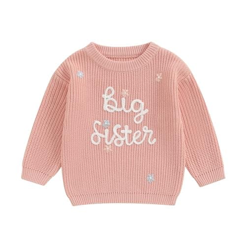 Image of Springcmy Toddler Baby Girl Knit Sweater Flower Big Sister Little Sister Matching Outfits Long Sleeve Winter Pullover Knitwear (Flower Big Sister Pink, 18-24 Months)