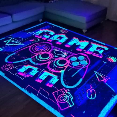 Image of HOLAVIDA Neon Gaming Area Rug, 3D Blacklight UV Reactive Game Controller Carpet, Non-Slip Fluorescent Luminous Floor Mat, Glow in The Dark Play Mat for Game Room Playroom Decor, 180x120cm