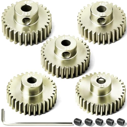 Image of 5Pcs 48P Aluminum Alloy Pinion Gear Set 3.175mm 28T 29T 30T 31T 32T Motor Pinion Gear W/ M4 Screw and Hex Key, Fit 3.175mm (1/8-Inch) Shaft, for Arrma HPI Kyosho Losi Axial Traxxas Tamiya 1/10 RC Car