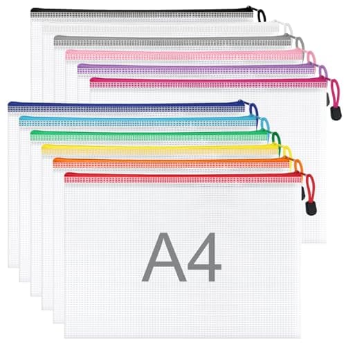 Image of WISYOK 12pcs A4 Plastic Wallets Zip, Zip Lock Bags Mesh, Plastic Folders, Document Wallets, Zipper File Bags for Office, School, Travel, Home (33x23cm, 12 Colors)