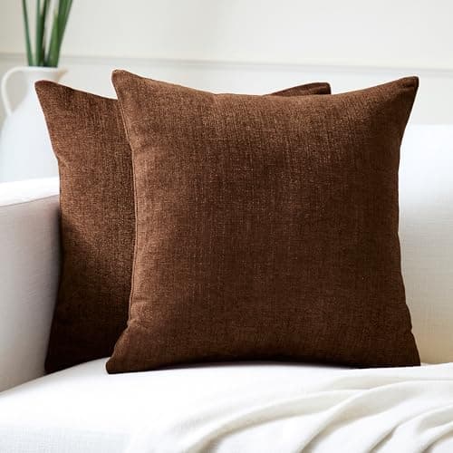 Image of Encasa XO Chenille Cushion Covers Set of 2 | Chocolate - (20"x20") (50x50 cm) | Decorative Accent Square Throw Pillow Cases For Couch, Home Decor, Sofa