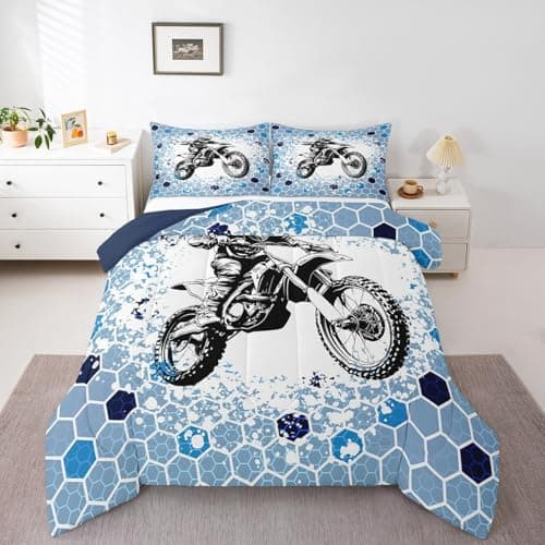 Image of Loussiesd Honeycomb Dirt Bike Duvet Set Single Size For Kids Boys Teens Extreme Sports Down Duvet Racing Motocross Rider Down Comforter with 1 Pillowcase,Soft