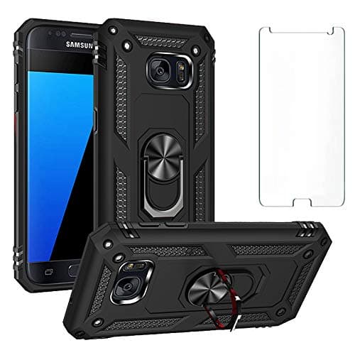 Image of Phone Case for Samsung Galaxy S7 with Tempered Glass Screen Protector Stand Ring Holder Shockproof Silicone Heavy Duty Accessories Magnetic Metal Hard Kickstand galaxys7cases Cover cases Girls Black