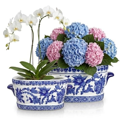 Image of Briful Set of 2 Blue and White Ceramic Pots - Vintage Planter Floral Oval Cachepot Vase for Indoor Plants & Flowers - Glazed Chinese Porcelain Style Decorative Bowl - 7.4" & 10.6" Size - No Drainage