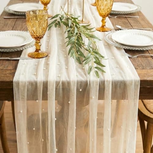 Image of White Pearl Table Cloth 80 x 300 CM, Elegant Lace Tables Runner Decor, Tulle Fabric Pearl Table Runner for Bridal Shower Birthday Party Wedding Arch Veil