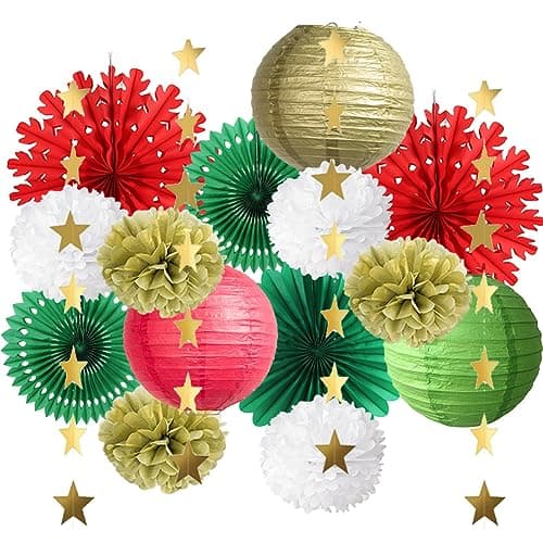 Image of Christmas Party Decorations Indoor Red Green and Gold Christmas Decorations Paper Hanging Snowflake Fans Paper Lanterns with Star Garland Gold for Winter Red Green White Christmas Birthday Baby Shower