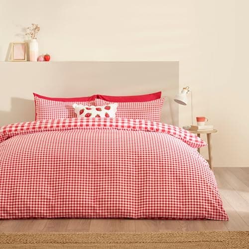 Image of Catherine Lansfield Bamford Gingham Check Reversible Double Duvet Cover Set with Pillowcases Red