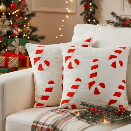 Image of ALUNME ﻿2 Pack Christmas Pillow Covers Decor 18x18 Inch, Red and White Candy Cane Striped Throw Pillow Covers with 3D Embroidered Towel Pattern for Sofa Couch Living Room Bedroom Holiday Decor