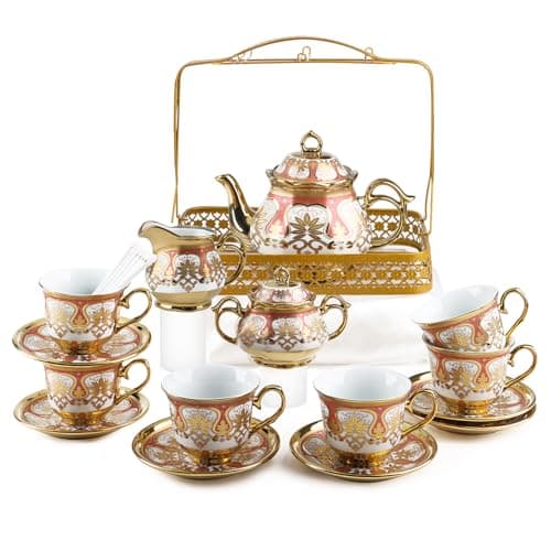 Image of TeamSky 22Pcs Tea Cup Set – Vintage Porcelain Tea Set for 6, Afternoon Tea Set, Porcelain Tea Set, Includes 37 oz Tea Pot, 7 oz Teacup, Saucer, Sugar Jar, Cream Jug, Perfect for Wedding Birthday Gift
