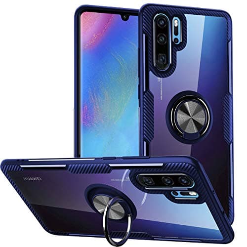 Image of WATACHE Huawei P30 Pro Case, Clear Crystal Carbon Fiber Design Armor Protective Case with 360 Degree Rotating Finger Ring Grip Holder Stand [Magnetic Car Mount Feature] for Huawei P30 Pro (Blue)