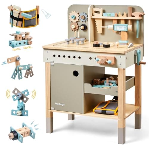 Image of Kids Tool Bench,Wooden Play Tools Set with Kids Tool Belt Toddlers Workbench Pretend Construction Tools Set Wooden Toy Drill Gift for Boys & Girls Age 3-5