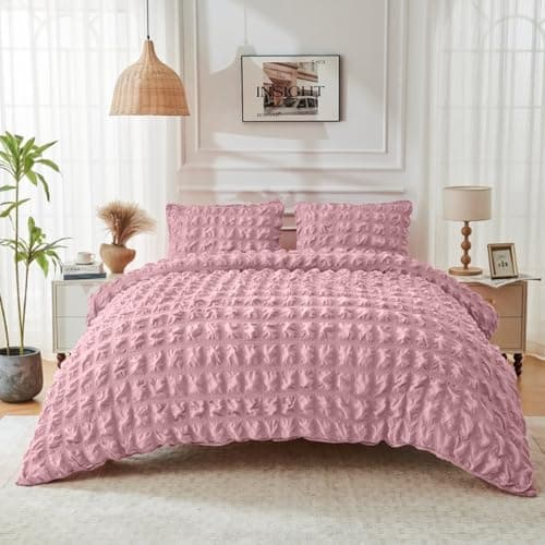 Image of Lions Seersucker Bedding - Double Duvet Cover with Matching Pillowcase, 100% Polyester Soft Micorfibre Quilt Covers, Button Closure, 3 Piece Bed Linen Sets, Blush Pink, 200x200cm