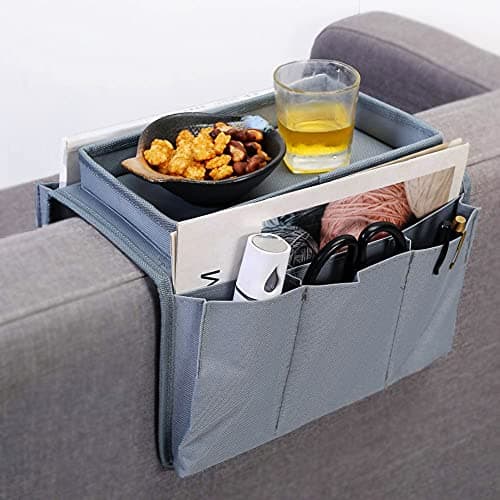 Image of Sofa Candy Organizer with Tray Sofa Armrest Organizer with Cup Holder Couch Armchair TV Remote Caddy Sofa Storage Bag for Phone Tablet Book Magazines DVD Eyeglasses Drinker Snacks Holder Pouch Pocket
