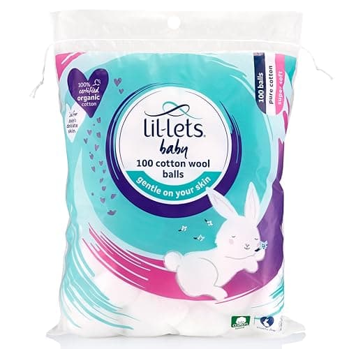 Image of Lil-Lets Baby Cotton Wool Balls, 100 Count, Certified Organic, 100% Pure Cotton Wool, Super Soft, Large Puffs, Gentle on Baby's Delicate Skin, Dermatologically Tested, Ideal for Newborns