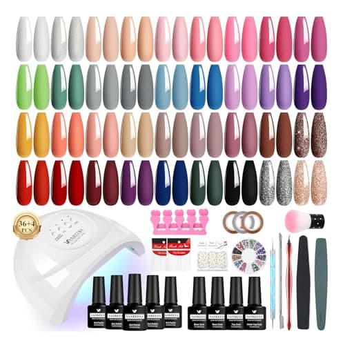 Image of VANREESA 60 PCS Gel Nail Kit with 48W U V Lamp 36 Colours All Seasons Gel Nail Polish Set with Lamp Starter Kit Pink Red Brown Gels Polish Set with Base and Top Coat Manicure Salon Gifts for Women