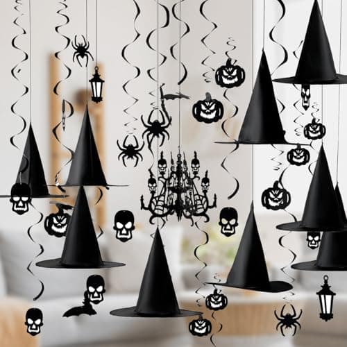 Image of JOYIN 27 Pcs Halloween Hanging Swirl Decorations and Witch Hats, Haunted House Chandelier Decoration, Halloween Ceiling Hanging Pumpkin Spider Ghost Decor, Halloween Party Decorations Party Supplies