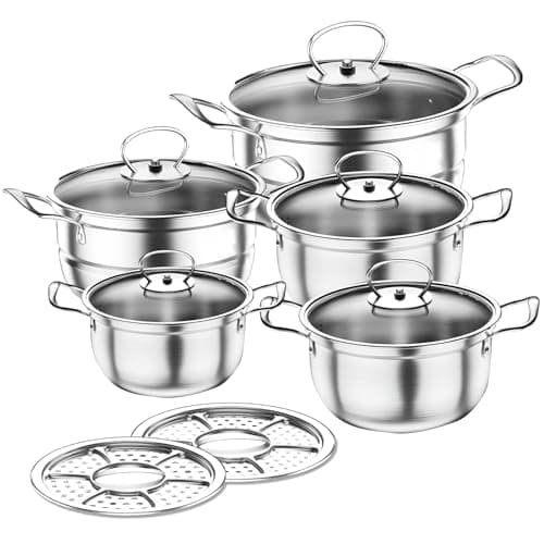 Image of 5 Pack Pots and Pans Sets Non Stick with Glass Lid,Handle,Kitchen Stainless Steel Pan Set for Cooking,Steamer Saucepan Set Cookware Pots and Pans Set Works with Induction,Electric,Gas Cooktops