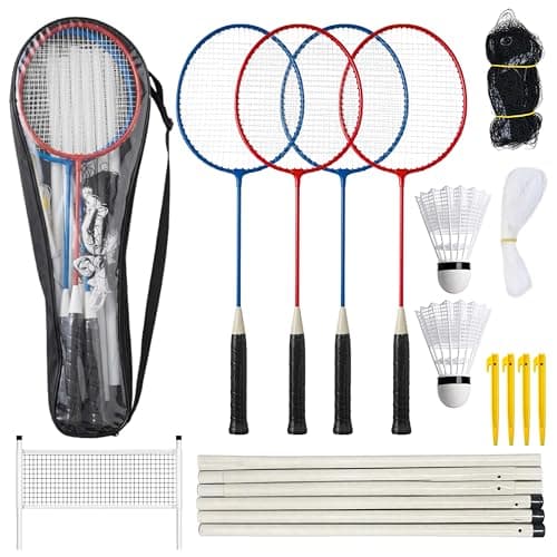 Image of Unibos Badminton Set with Net & Poles for Garden – Complete 4 Player Outdoor Badminton Game with 4 Rackets, Shuttlecocks & Carry Bag – Family Garden Games, Beach & Camping Set for Kids & Adults