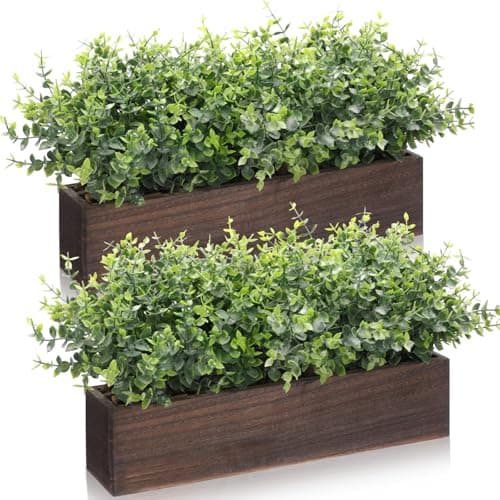 Image of Lyrow 2 Pack Artificial Eucalyptus Plant in Rustic Rectangular Wooden Planter Box Greenery Faux Potted Herb Plant for Indoor Wedding Table Centerpiece Decor(Brown,16.1 x 3.7 x 8.7 Inches)