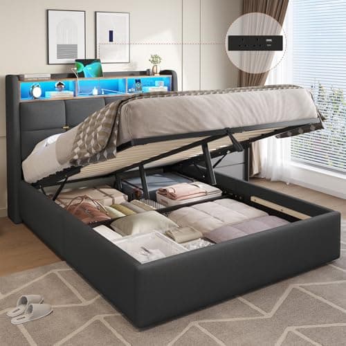Image of DICTAC Double Ottoman Bed Frame with Hydraulic Storage,Charging Station and Led Lights 4ft6 Upholstered Platform Bed Frame with Storage Headboard,Sturdy Wood Slats,Grey-135x190 cm(No Mattress)