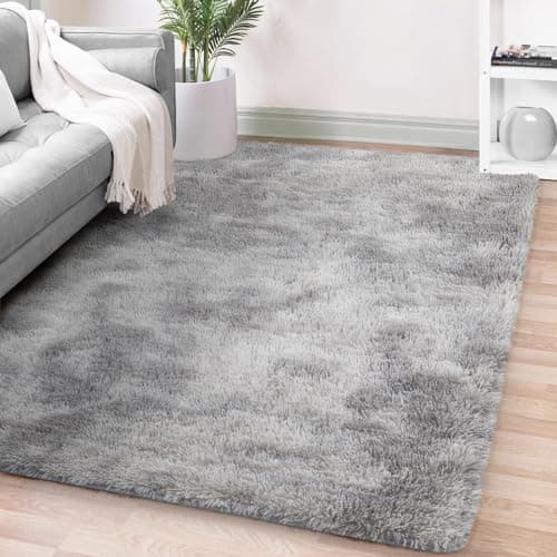 Image of FVVRAX Ultra-Plush Shaggy Area Rug for Bedroom & Living Room – Machine Washable Luxury Tie-Dyed Carpet, Non-Slip Fluffy Floor Mat for Cosy Homes, Nursery & Dorm Decor, 90x150cm, Light Grey