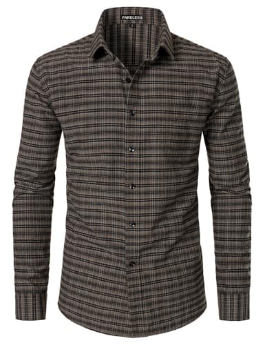 Image of PARKLEES Men's Plaid Shirt Casual Checked Long Sleeve Button Down Shirts with Pocket Light Brown Medium