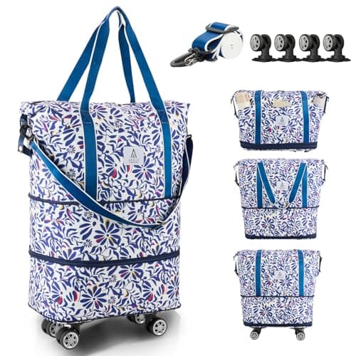 Image of Arxus Rolling Duffle Bag with Detachable Wheels and Adjustable Shoulder Strap, Large Expandable Foldable Carry On Luggage Bag with Handle and Suitcase Sleeve, Weekender Bag for Travel Airplane
