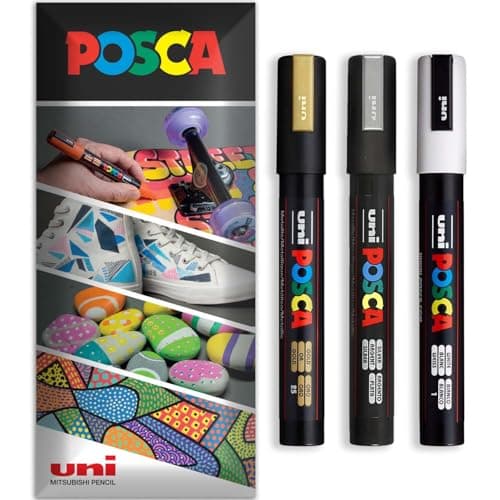 Image of Posca Water Based Acrylic Paint Marker Pens | Multi Surface Use Permanent Paint Pen | Pack of 3 Pens in Envelope Gift Packaging | Glass, Fabric, Canvas, Wood etc | PC-5M, Gold, White, Silver