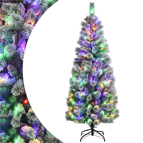 Image of SPOTRAVEL 5FT/6FT Pre-lit Artificial Christmas Tree, Hinged Snow Flocked Xmas Tree with LED Lights & Folding Metal Stand, Holiday Pencil Xmas Tree for Home Office Party (185 cm)