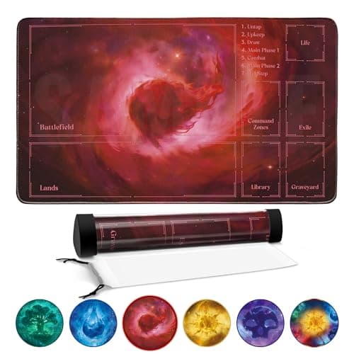 Image of FROGIGO Stellar Mountain Playmat for MTG – 24"x14" Red Lava Galaxy Game Mat with Play Zones & Prismatic Playmat Tube, Non-Slip Rubber for Magic The Gathering