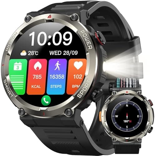 Image of Military Smart Watch for Men Answer/Make Call,1.45" HD Fitness Watch with Flashlight,Compass,Heart Rate SpO2 Sleep, Smartwatch for iOS Android,120+ Sports,960mAh Battery,IP68 Waterproof Step Counter