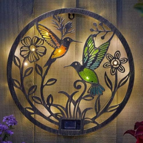 Image of Garden Mile Solar Hummingbird Wall Light – Decorative Garden Wall Art with Warm White LED Lighting, Stained Glass Effect Outdoor Light for Patio, Fence, Balcony & Garden Decor