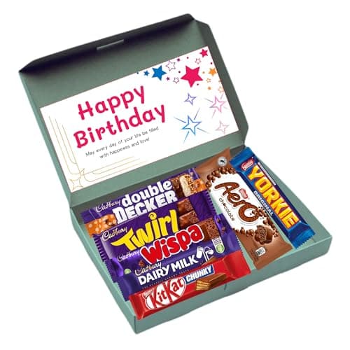 Image of Happy Birthday Chocolate Gift Hamper | Full Sized 7 Bars | Letterbox Gift | Present for Kids | Her | Him | KitKat | Yorkie | Aero | Birthday Card