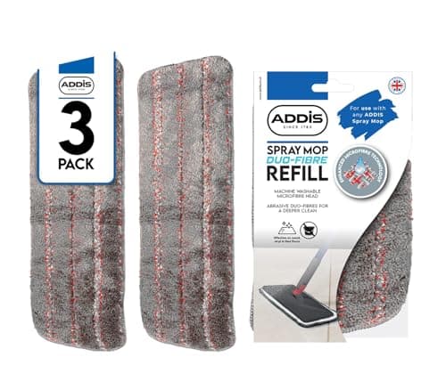 Image of Addis Spray Go Duo Fibre Replacement Microfibre Mop Pads Pack of 3, with Clean Action Abrasise Strip, Machine Washable, Grey Red, Pack of 3