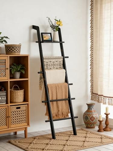 Image of ZUNTO Black Blanket Ladder with Top Shelf for the Living Room - 67in Decorative Wooden Blanket Holder for Throws, Wall Leaning - Rustic Farmhouse Towel Ladder for Organizer and Display