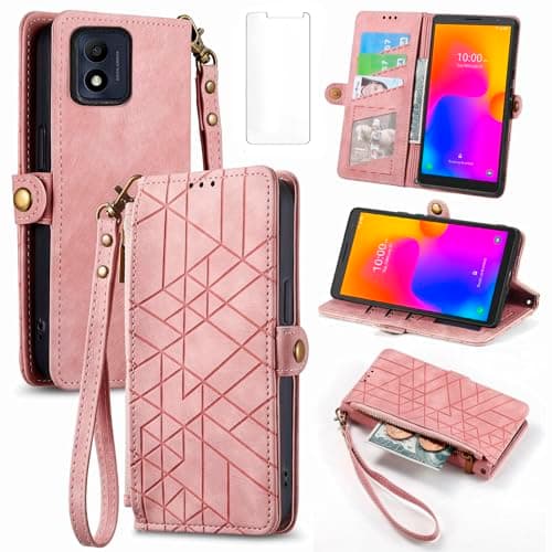 Image of Asuwish Phone Case for Alcatel 1B 2022 Wallet Cover with Tempered Glass Screen Protector and Wrist Strap Leather Flip Zipper Credit Card Holder Stand Cell Accessories Slim Protective Women Men Pink