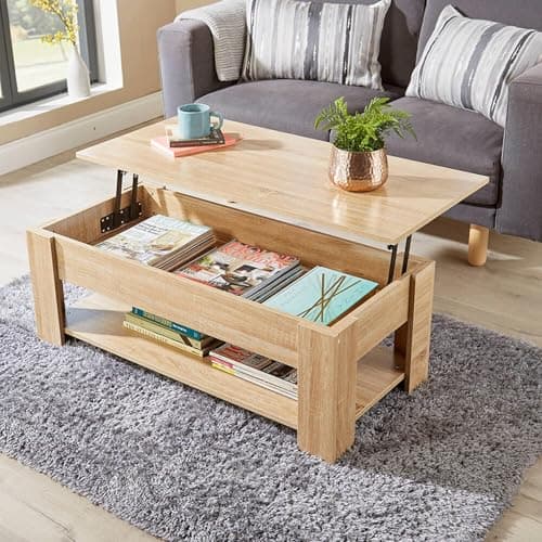 Image of Home Source Coffee Table with Lift Up Top Storage Area and Magazine Shelf, Oak Effect