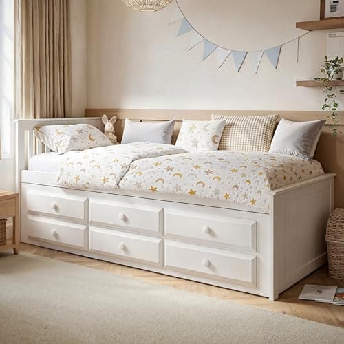 Image of Flair Furnishings - White Single Bed with Pull Out Trundle, Wooden Guest Bed with Storage, Distinct and Stylish, Durable and Long Lasting