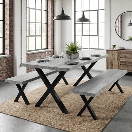 Image of Blisswood 160cm Dining Table with 2 Benches, 3 Piece Industrial Kitchen Table Set for 4–6 Seater, Wooden Dining Room Furniture for Small Spaces, Grey Faux Live Edge Top, Space Saving Bench Dining Set