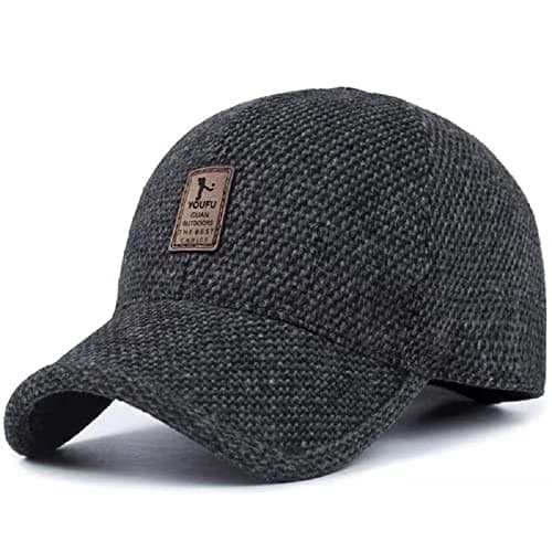 Image of Men's Winter Warm Wool Woolen Tweed Peaked Baseball Cap Hat with Foldable Ear Warmer (A-Black)